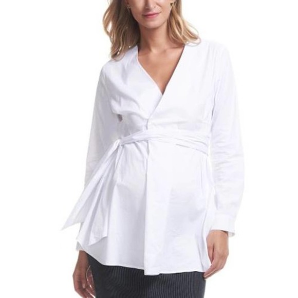 Soon Maternity Maternity Wrap V-Neck Dress Shirt - White - Picture 1 of 9